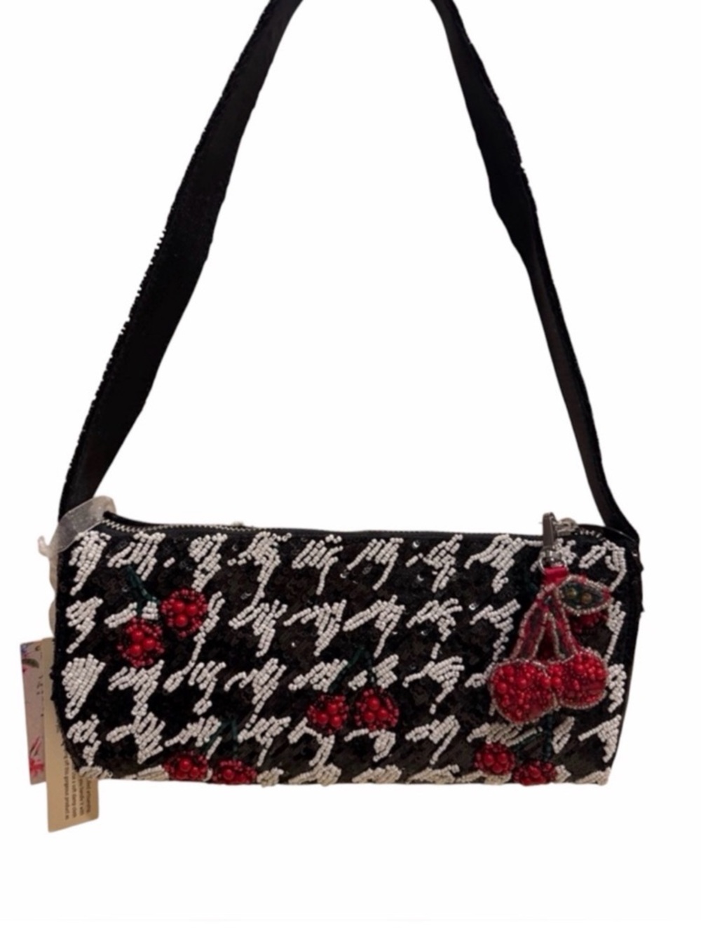 Beaded Black & White Houndstooth Shoulder bag with Red Cherry Embellishments - Picture 3 of 6